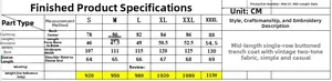 Detailed size chart for men's PU leather trench coat with measurements from S to 3XL