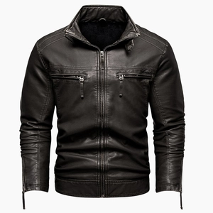 Detail of vintage black PU leather jacket with metal zippers and stitched shoulder seams