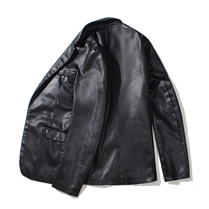Men Casual PU Leather Jacket Blazer Coat Business Slim Fit Lapel Single Breasted Outwear Polyester Lining Black Moto Jacket