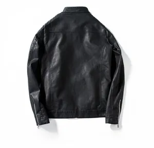 Detail view of the back of black faux leather motorcycle jacket with quilted shoulders