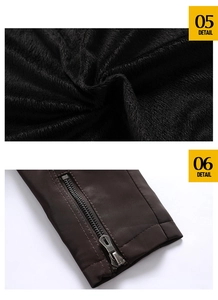 Detail of dark brown PU leather jacket with metal zipper and plush black fleece lining