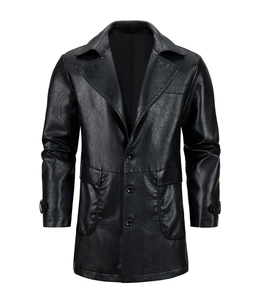 Close-up detail of mid-length black faux leather coat with flap pockets and buttons