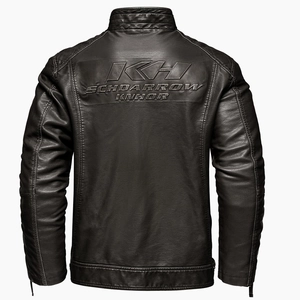 Detailed view of the quilted shoulders and embossed logo on this black faux leather jacket