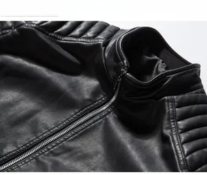 Detail view of men's faux leather biker jacket featuring a stand collar and quilted shoulders