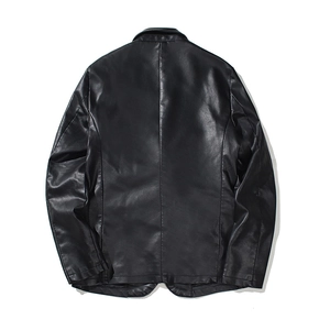 Back view of classic black PU leather blazer jacket for men with a clean minimalist cut