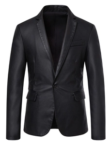 Detail of single-button black PU leather blazer featuring classic notched lapels and pockets