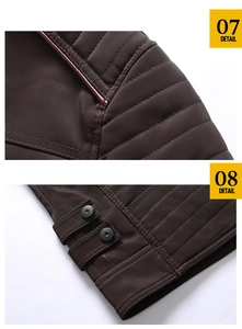Detail of dark brown PU leather jacket with shoulder quilting and snap button cuffs