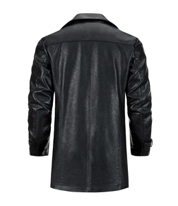 Detailed back view of men's mid-length PU leather coat in matte black texture