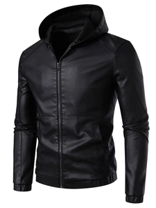 Men's hooded PU leather motorcycle jacket in black with elastic cuffs and slim fit design