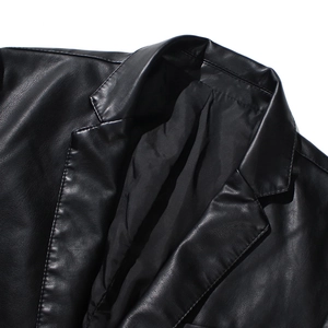 Men's casual black PU leather jacket blazer featuring a notch lapel and fine stitching