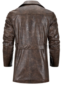 Back view of men's mid-length dark brown faux leather trench coat with waist detail