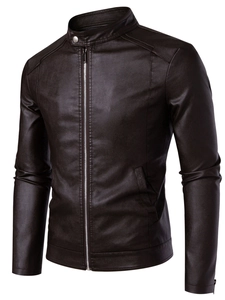 Men's chocolate brown PU leather motor jacket with stand collar and zipper detail