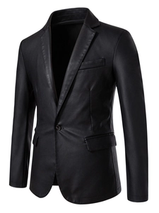 Men PU Leather Jacket Blazer Style Notched Lapel Slim Fit One Button Casual Business Office Outerwear For Spring Autumn