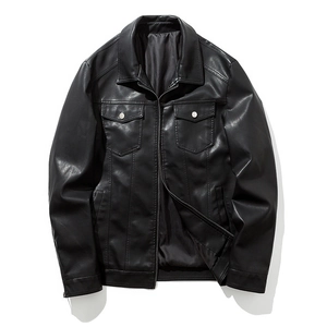 Men's black PU leather motorcycle jacket with classic lapel and dual chest pockets