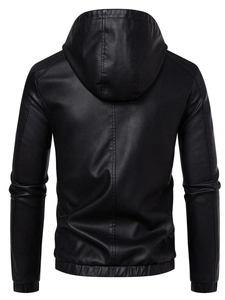 Back view of a men's black hooded PU leather motorcycle jacket with ribbed cuffs