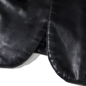 Men's casual black PU leather jacket showing the curved hem and fine stitching details