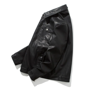 Men's black casual PU leather jacket with lapel collar and silver zipper pocket detail