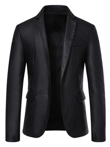 Detailed close-up showing the smooth black PU leather texture and notch lapel of the jacket
