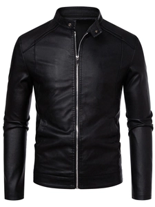 Men's slim fit black PU leather biker jacket with stand collar and metal zippers