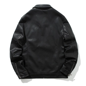 Rear view of men's casual black PU leather biker jacket with silver zipper details