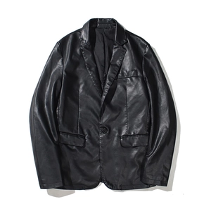 Classic black PU leather casual blazer for men with single button and notch lapel