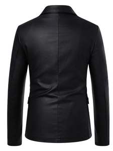 Men's casual black PU leather blazer jacket featuring a classic back view and tailored fit
