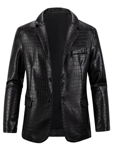 Men's PU Leather Blazer Jacket Crocodile Pattern Single Breasted Lapel Business Casual Outwear Coat With Pockets For Men