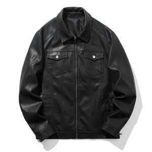 Classic men's black PU leather motorcycle jacket with lapel collar and zip-up front closure
