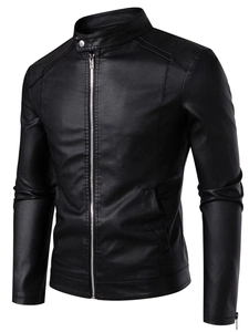 Men Synthetic PU Leather Jacket Stand Collar Metal Zipper Motorcycle Style Outerwear Slim Fit Casual Lightweight Coat For Men
