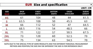 Detailed size chart for men's PU leather jacket including chest and sleeve measurements