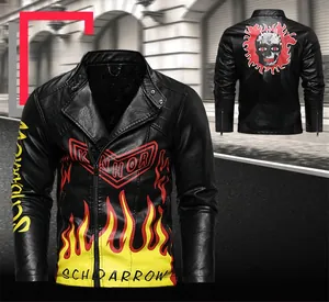 Detail view of black PU leather motorcycle jacket with red flame print and skull back design