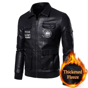 Men's black fleece-lined PU leather biker jacket with military badges and multi-pockets