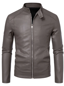 Detailed view of men's brown PU leather jacket with stand collar and zipper texture