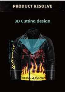 Detailed 3D cutting layout of black PU leather motorcycle jacket with flame prints
