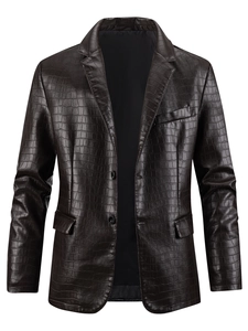 Men's dark brown faux leather blazer with embossed crocodile texture and notch lapels