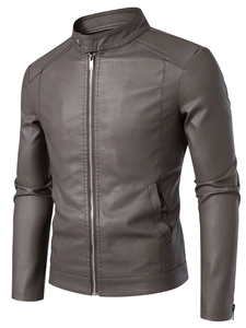 Men's brown stand-collar PU leather motorcycle jacket with metallic zipper and textured finish