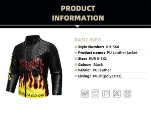Detail view of American vintage PU leather jacket with yellow flame print and warm lining