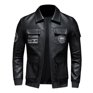 Men's black PU motorcycle jacket with embroidered patches and multiple pockets