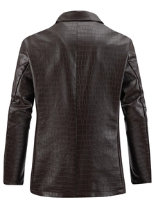 Men's chocolate brown faux crocodile leather jacket with lapel collar and rear view details