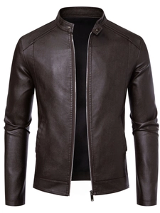 Detail of dark brown faux leather motorcycle jacket showing collar and zipper texture