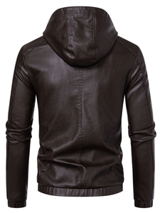 Men's dark brown faux leather hooded biker jacket featuring a textured finish and ribbed hem