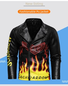 Detail of black PU leather biker jacket with flame prints and embroidered logo details