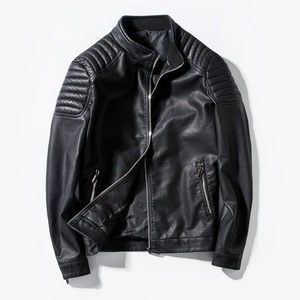 Men's casual black PU leather motorcycle jacket with stand collar and quilted shoulders
