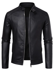 Detail of men's black motorcycle jacket featuring stand collar and metal zipper pockets