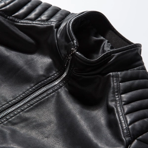 Men's casual black PU leather jacket with stand-up collar and motorcycle zipper detail