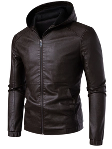 Men Hooded PU Leather Jacket Casual Motorcycle Faux Leather Outerwear Windproof Zip Up Coat For Youth Fashion Urban Style