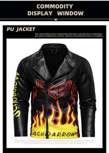 Detailed view of flame print and texture on men's vintage PU leather biker jacket
