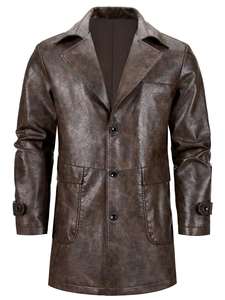 Detail of vintage brown PU leather jacket featuring classic lapels and flap pockets