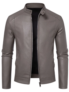 Detailed close-up of men's gray faux leather jacket with stand collar and metal zippers
