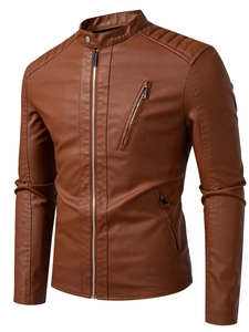 Detail of brown PU leather biker jacket with stand collar and quilted shoulder stitching